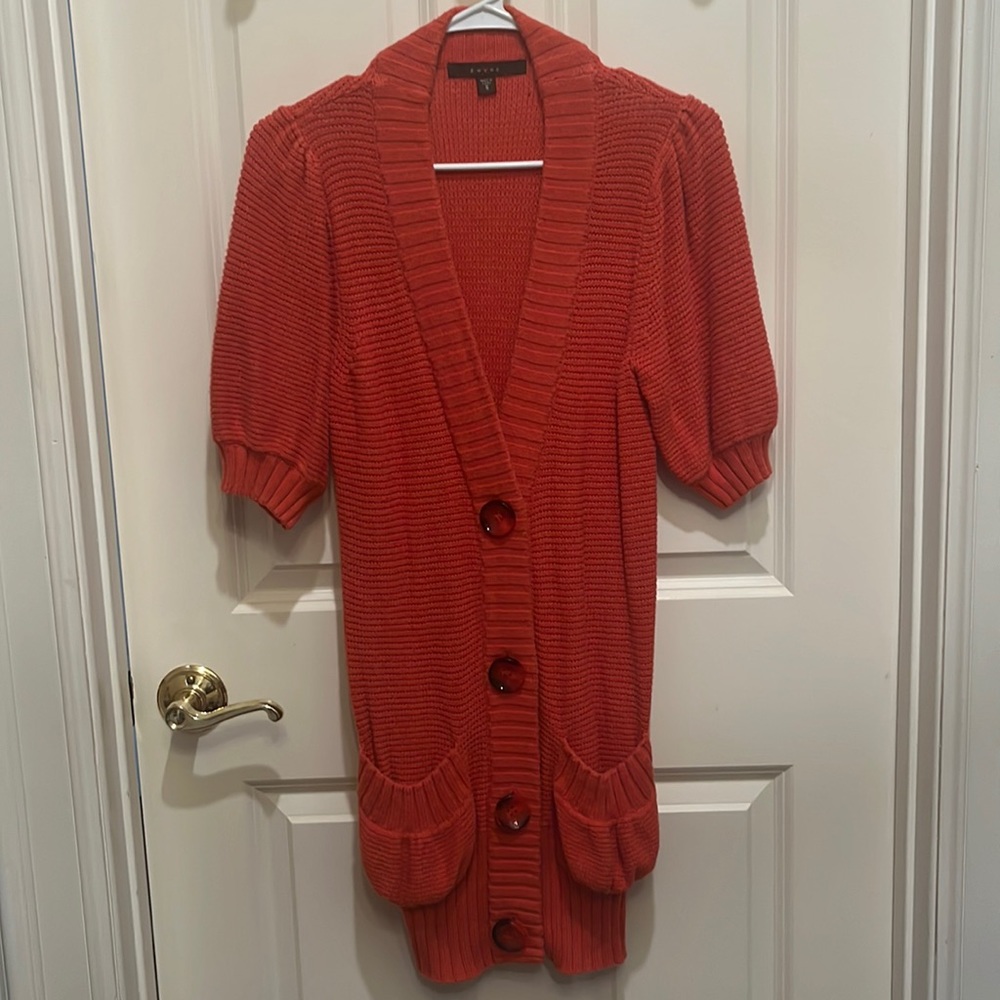 Fever brand orange knit sweater sz small s short puff sleeve ribbed detail